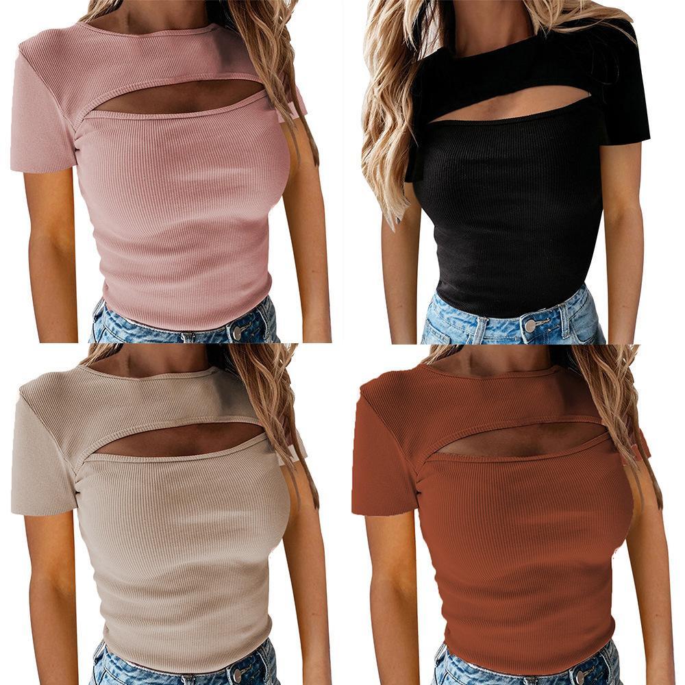 T-shirt da donna estiva Petto sexy scavato a maniche corte a costine Top torace da esposizione sexy alla moda femminile