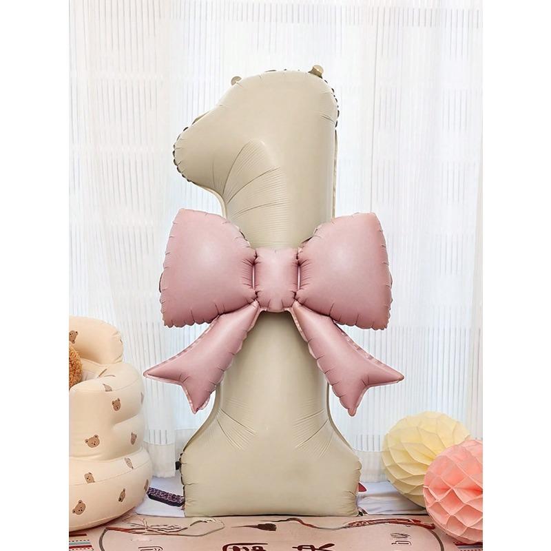 Palloncini Foil Numeri Bianco Crema Extra Large con Fiocco Rosa, Adatti per Decorazione Festa di Compleanno, Celebrazione di Anniversario