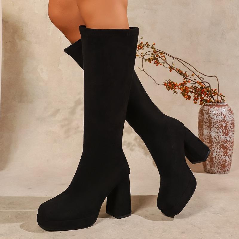 Winter Street Style Stretch Slim Knee-High Women Boots Sexy Thick High Heels Shoes Female Vintage Long Booties  De Muje