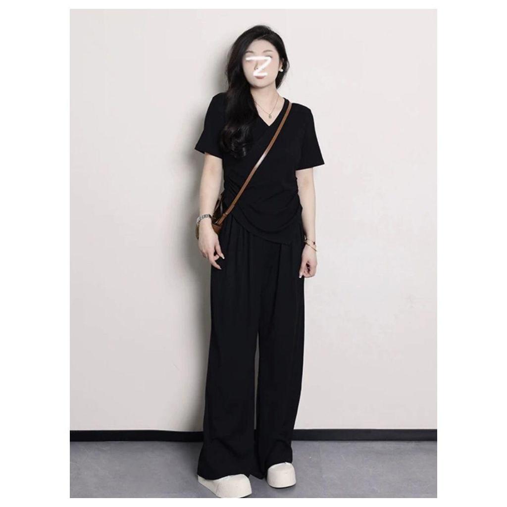 Plus Size Women's V-neck Irregular Short Sleeve Top and Wide Leg Pants - Summer Slimming Casual Set