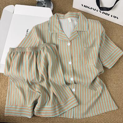 Korean Simple Contrasting Striped Pajamas Women's New Summer Loose Lazy Short-sleeved Shorts Loungewear Two-piece Set