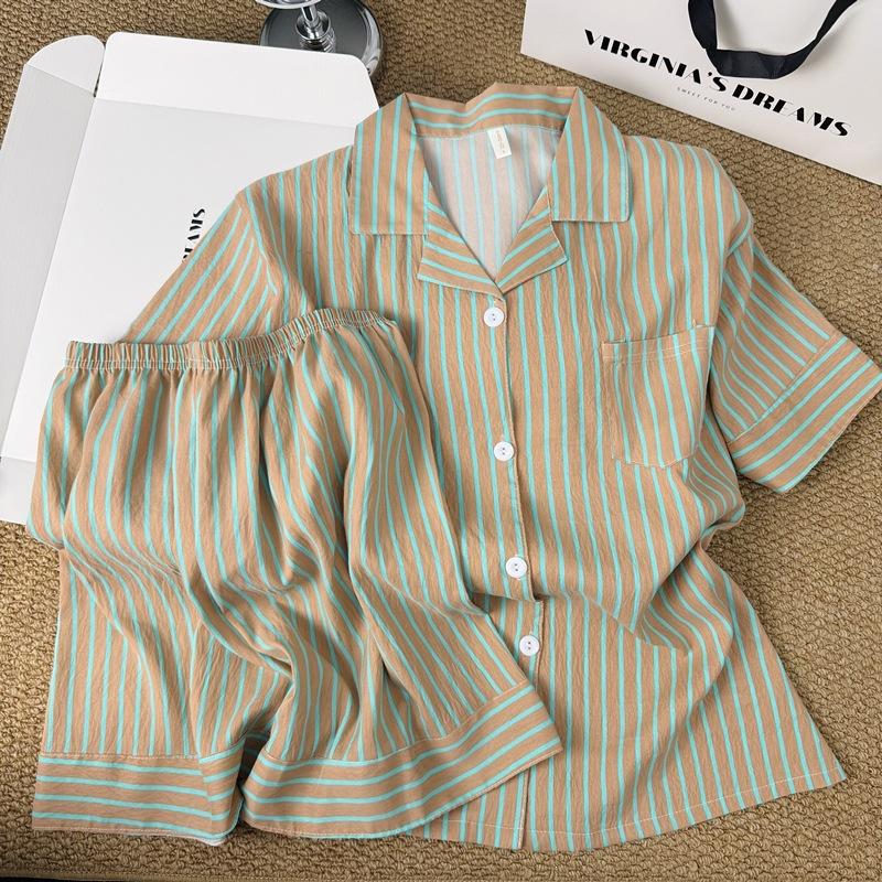 Korean simple contrasting striped pajamas women's new summer loose lazy short-sleeved shorts loungewear two-piece set