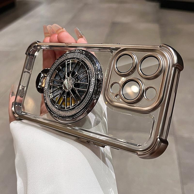 

Роскошный чехол с гальваническим покрытием, кронштейном-гироскопом с вращением и подушкой безопасности для iPhone 16 15 14 13 12 11 Pro Max X Xs Xr 16 Plus Magsafe Мягкая прозрачная крышка For iPhone 15 Pro