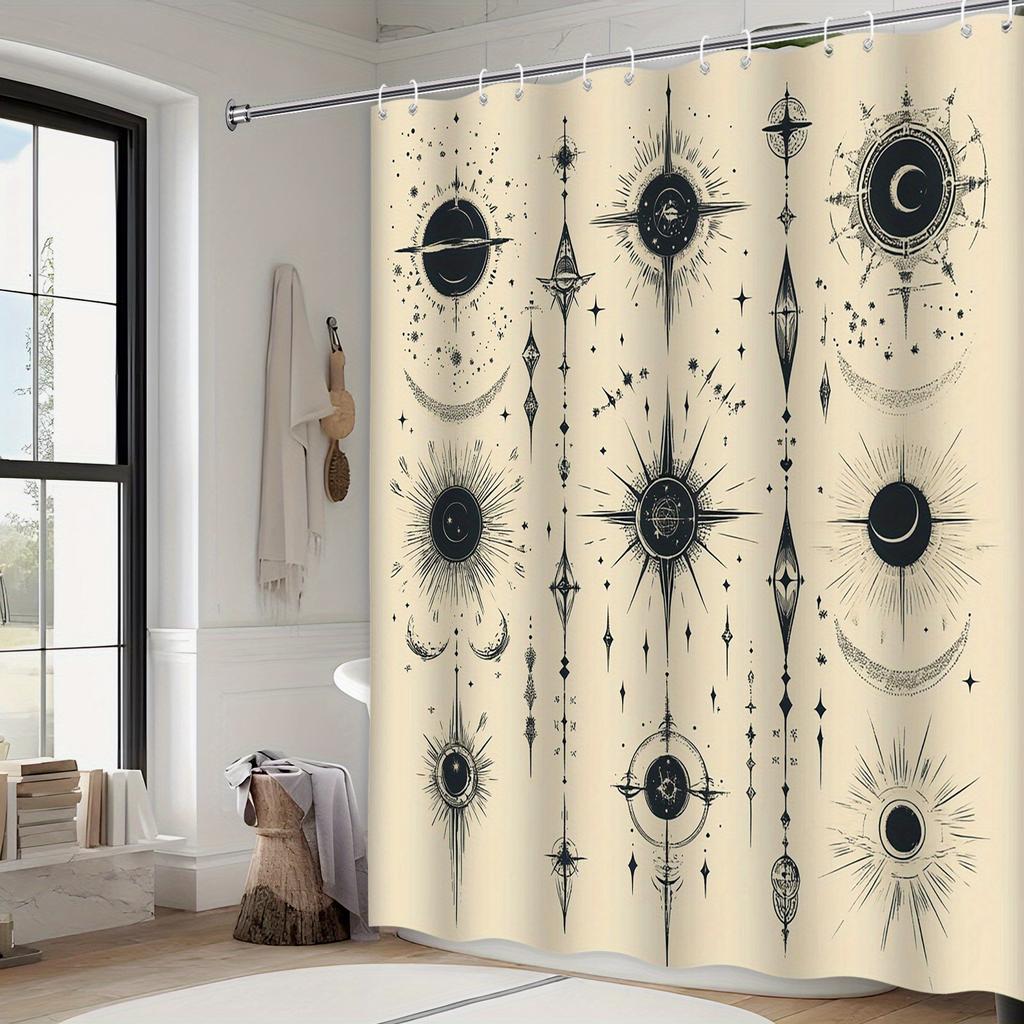 Celestial Design Bath Curtain, Symmetrical Black Astronomical Motifs On Cream, Polyester, Perfect for Modern Bathroom Decor