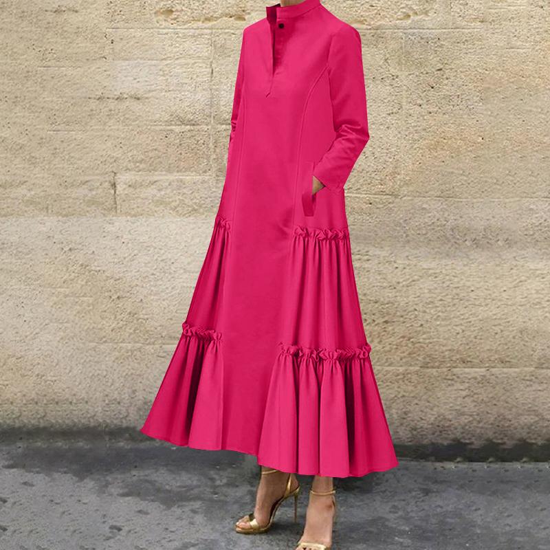 

VONDA Женские модные платья-рубашки с воротником-стойкой и длинным рукавом, однотонные, с оборками по подолу L ярко-розовый