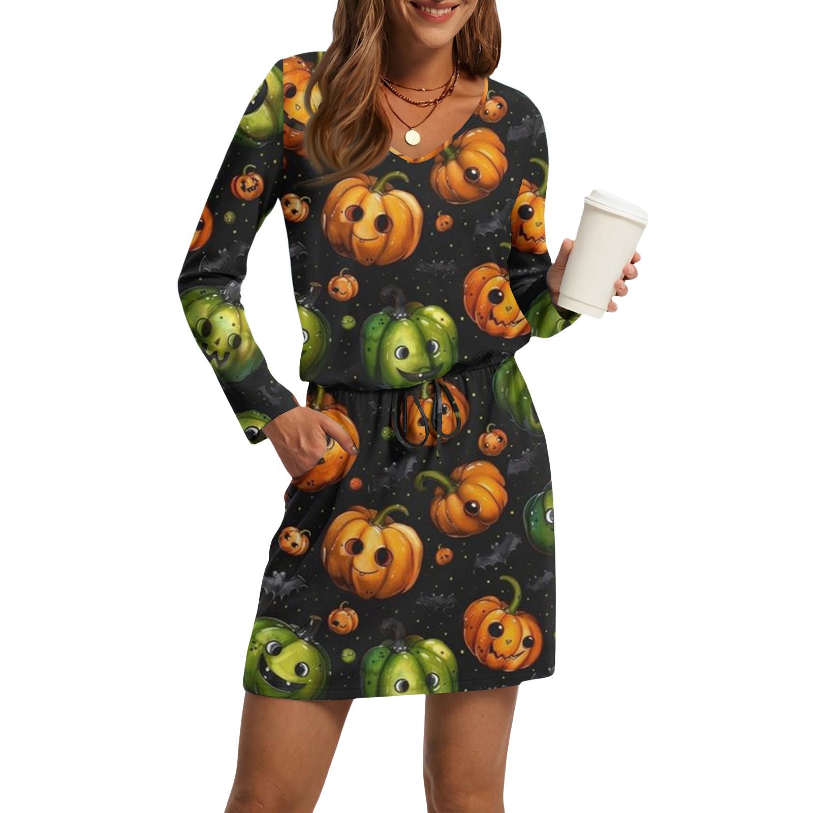 

Женские модные платья с V-образным вырезом, длинным рукавом, кулиской, карманом и принтом на Хэллоуин L зелёный