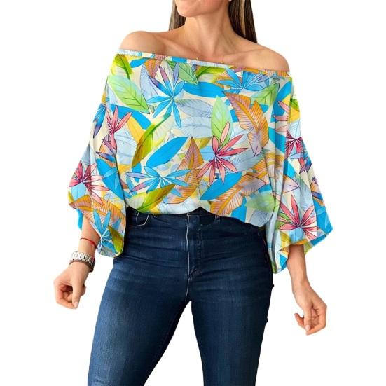 

Фонарь Большой размер Полосатый рукав Принт С открытыми плечами Узор в виде листьев Насыщенные цвета Свидание Свободный рукав «летучая мышь»