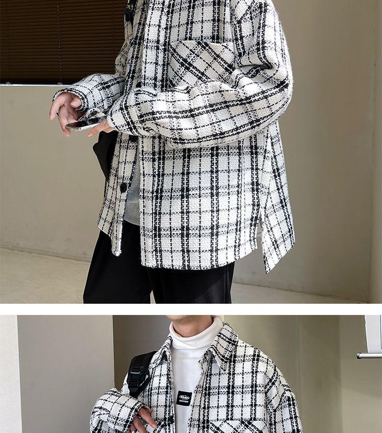 Men's Plaid French-Style Wool Coat - Autumn/Winter Trendy Lapel Loose Jacket.