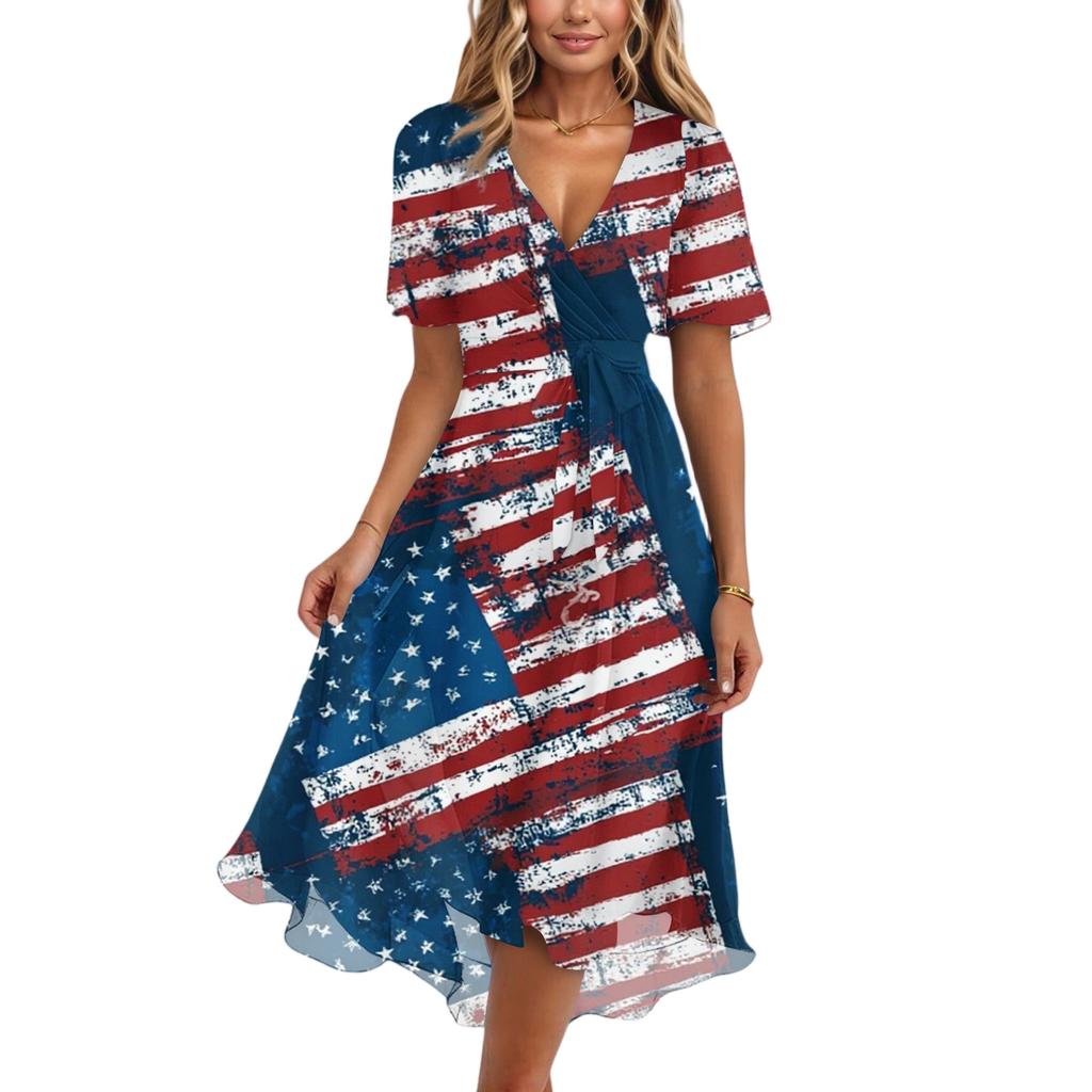 Women's Fashionable Casual V-neck Short-sleeved Independence Day Printed Dress