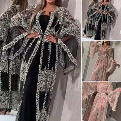 2 Pcs/Set Women Evening Dress Big Swing Shiny Bronzed Cardigan Slip Dress Set See-through Mesh Long Sleeve Coat Cocktail