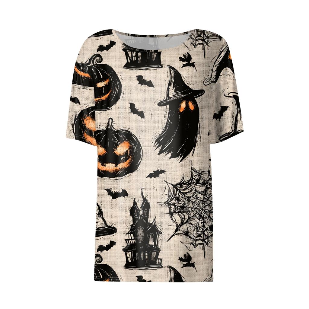 Women's Casual Halloween and Pumpkin Print Short Sleeve Crewneck Pullover Top