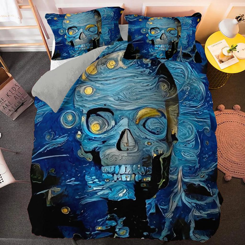 3D Skull Funny Skeleton Smoking Pattern Duvet Cover Halloween Black Skull Theme Bedroom Decoration for Children Teens Women Men