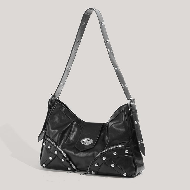 Yogodlns Women Motorcycle Rivets Crossbody Bag with Adjustable Strap PU Leather Pleated Textured Underarm Shoulder Purse Handbag