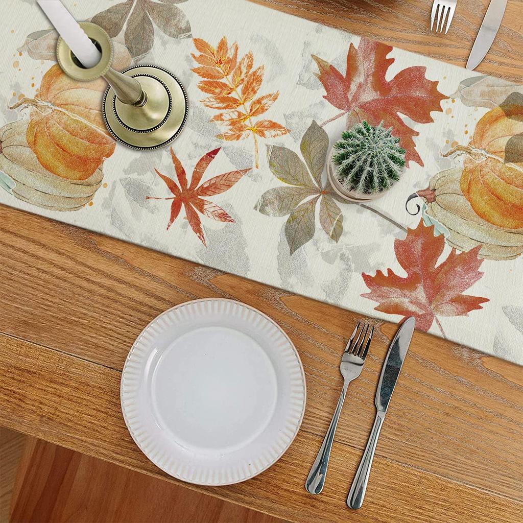 Fall Table Runner Pumpkin Maple Leaf Watercolor Vintage Table Runners Seasonal Autumn Thanksgiving Harvest Home Kitchen Dining Party Decorations