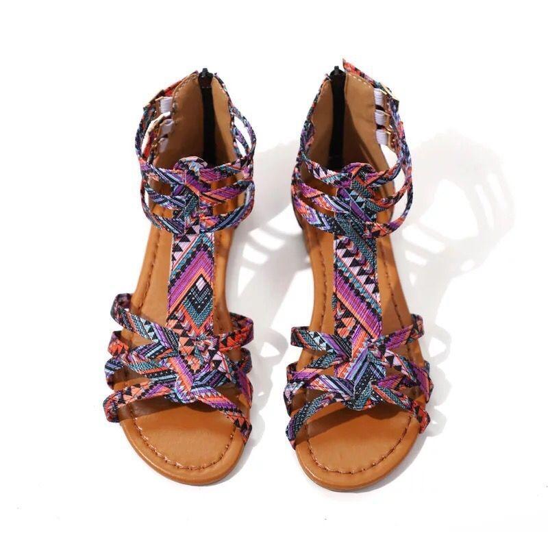Summer New Floral Flat Sandals Women's Buckle Beach Sandals Hollow Open-toed Women's Shoes