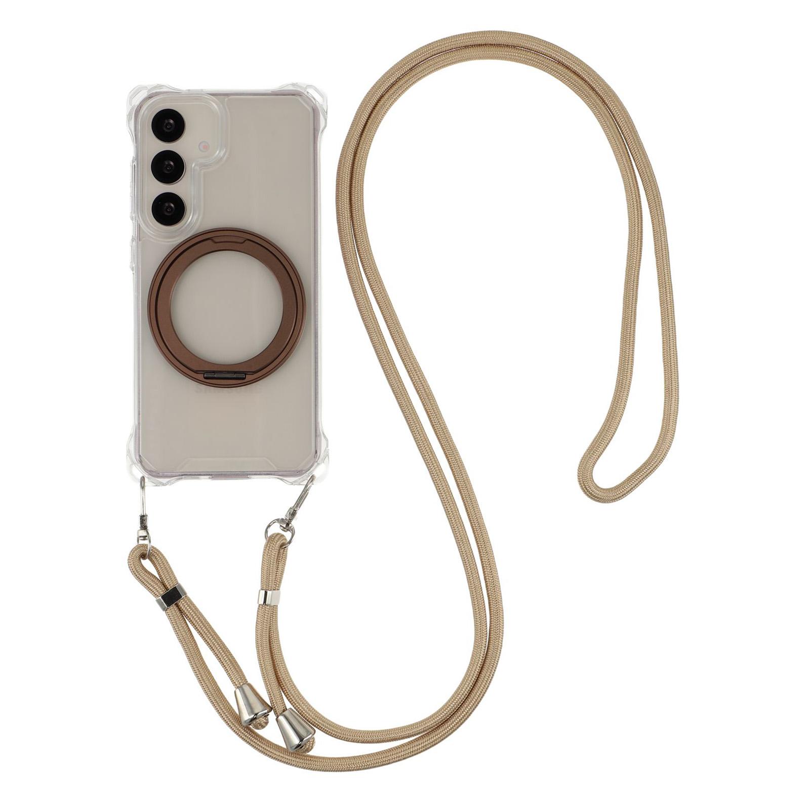 

For Samsung Galaxy S25/S24 Magnetic Case Ring Kickstand TPU+PC Phone Cover with Lanyard Brown