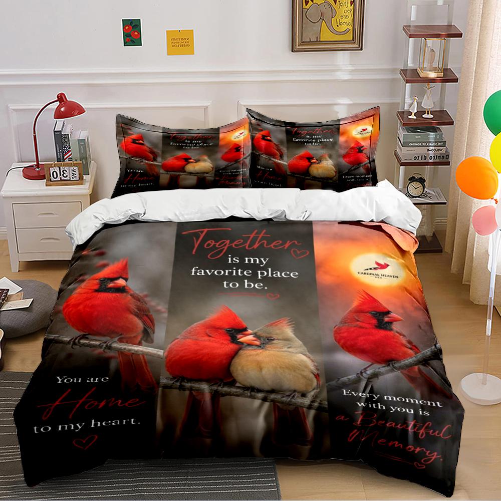 Cardinal Birds with Romantic Text Print Set Bedding Set (1 Duvet Cover, 2 Pillowcases, Duvet Not Included)