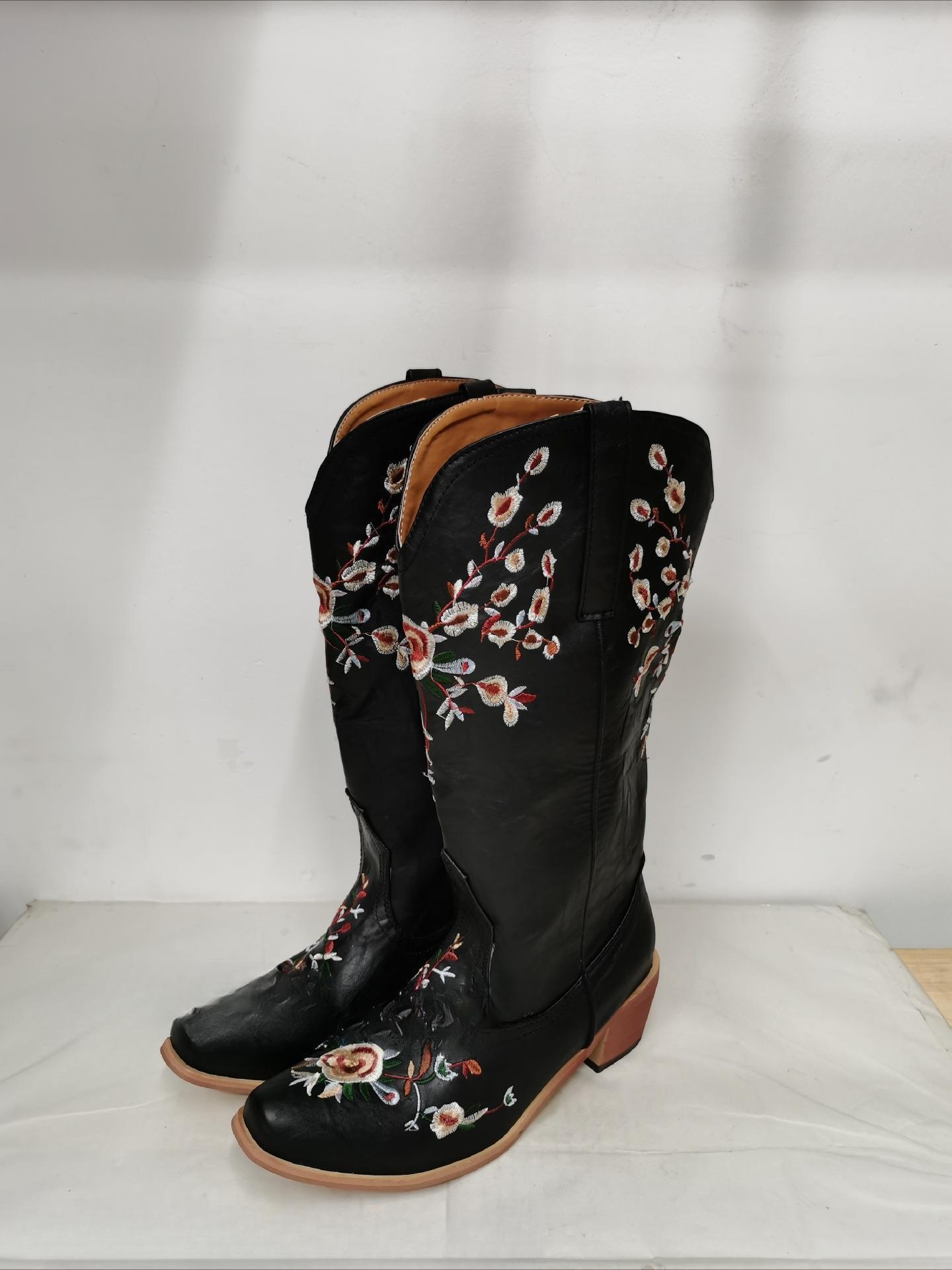 

20 Women s Boots Knee High Neutral Retro Fashion Boots Square Heel Vintage Boots Embroidered Western Cowboy Bohemian Women Shoes 34 чёрный