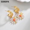 18K Gold Daisy Drip Oil Earrings - Mori-kei Pastoral Stainless Steel Design