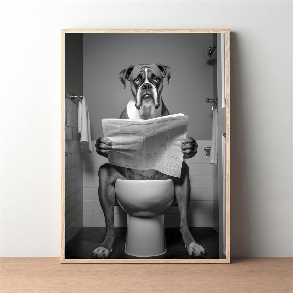 Boxer Dog Wall Art Prints Funny Bathroom Decor Boxer Dog In The Toilet Poster Animal In The Toilet Canvas Painting Pet Decor