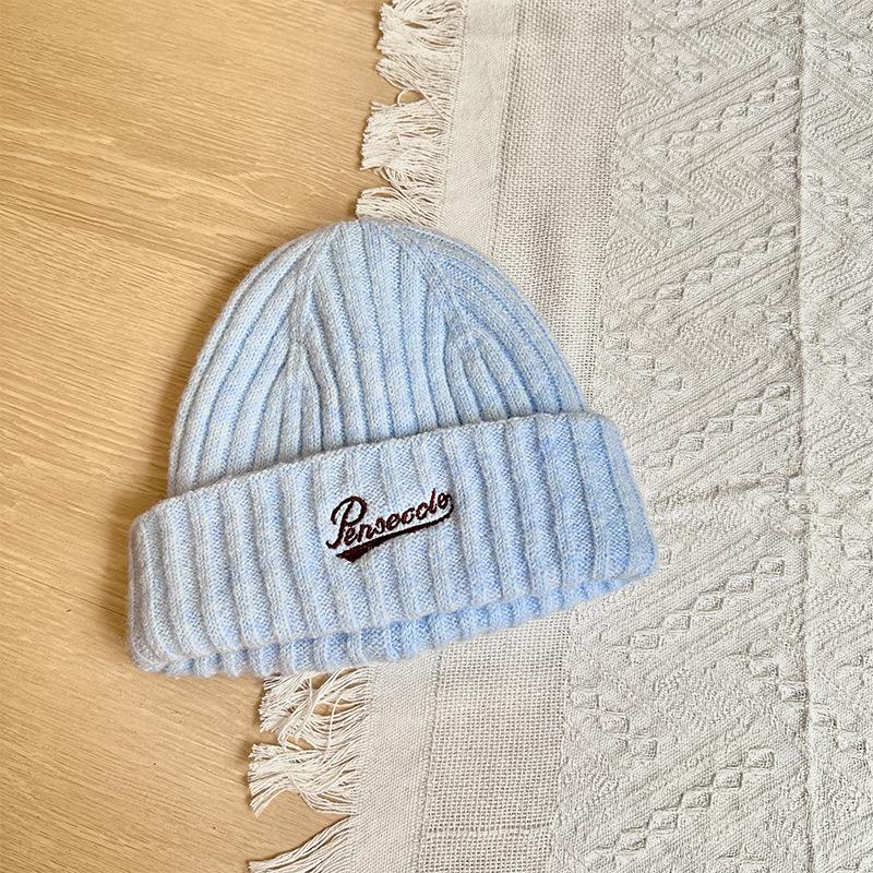 Letter Embroidered Knitted Hat Autumn and Winter Warm Solid Color Woolen Hat Big Head Circumference Showing Face Small Woolen Hat