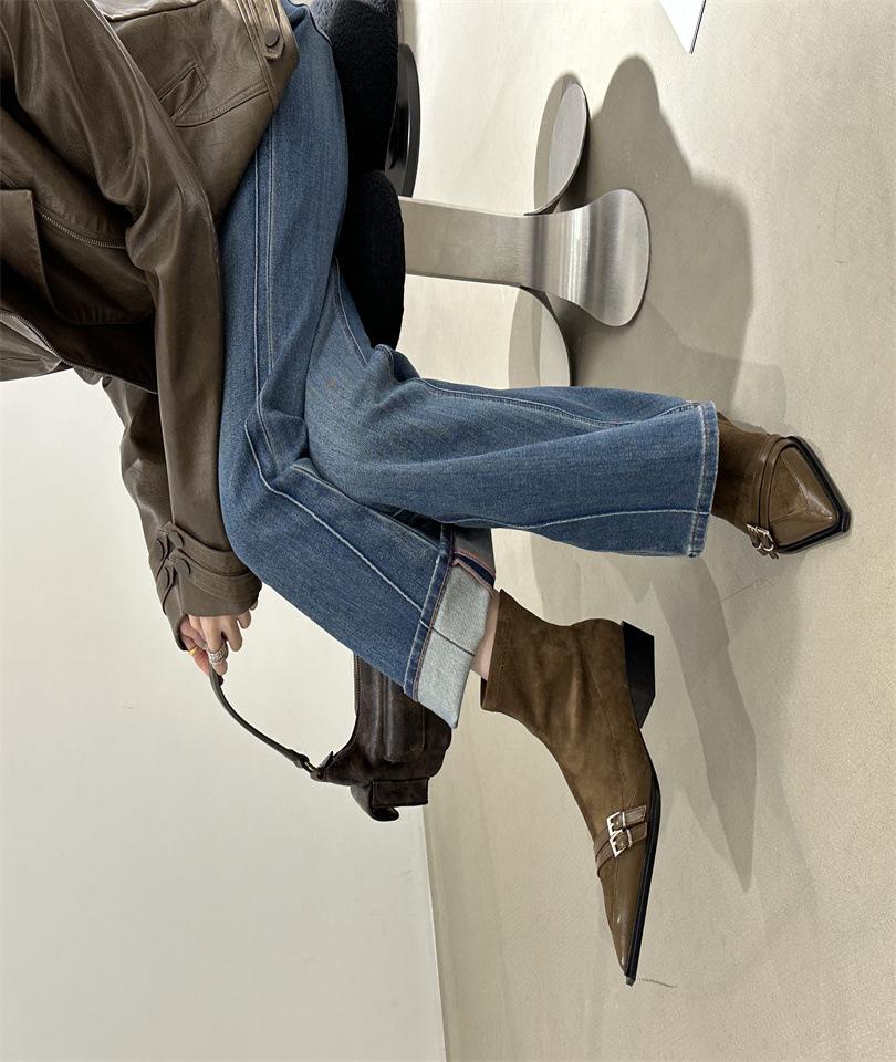 

Little Fairy B Prepared Pointed Special-Shaped Heel Suede Elastic Skinny Boots 2025 Autumn Rhinestone Buckle Commuter Extravagant Boots 39