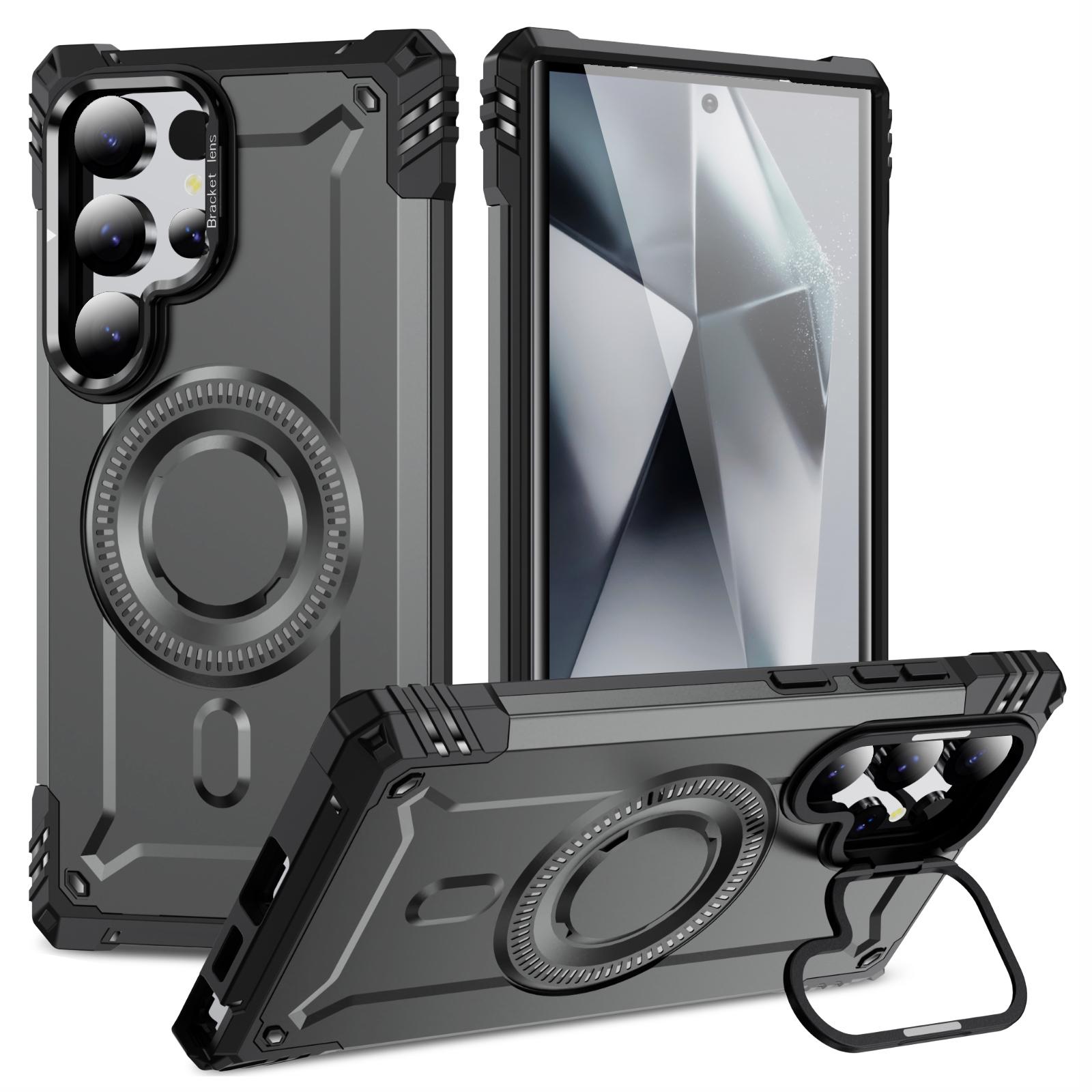 

For Samsung Galaxy S24 Ultra Magnetic Case Metal Lens Frame Kickstand PC+TPU Mobile Cover D