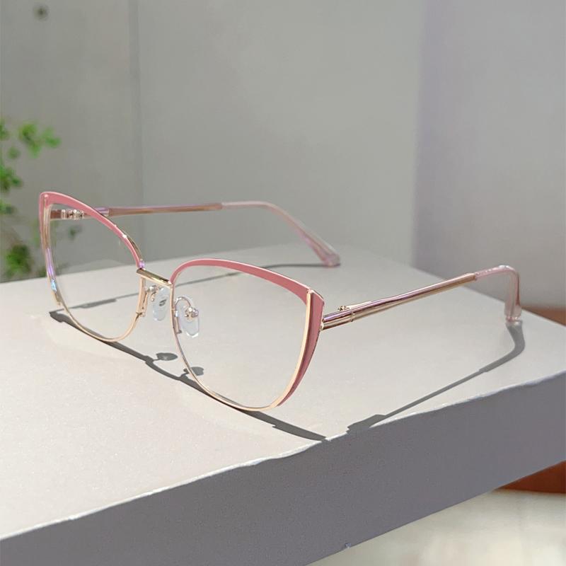 Trendy Retro Cat Eye Frame Women New Korean Style Sweet Decor Glasses Non-prescription Semi-Rimless Po Pink Eyewear