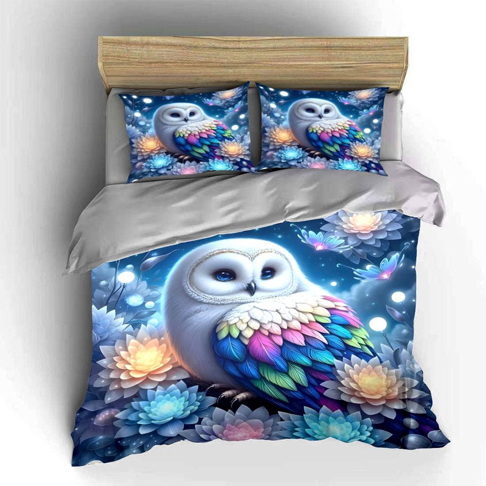 Colorful owl and flowers. Print Bedding Set 1 Duvet Cover 2 Pillowcases for Adult and Children Luxury Gift Full Size