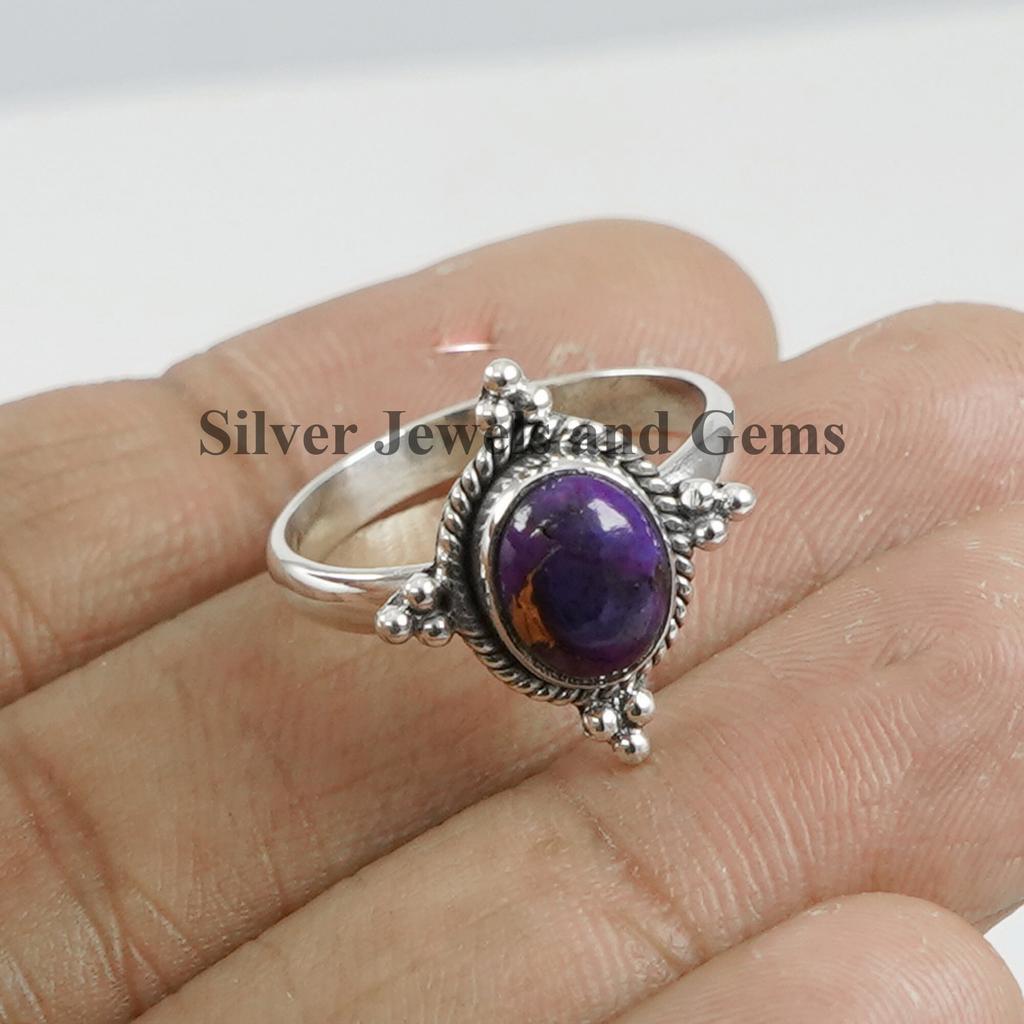 Purple Copper Turquoise Ring, Handmade Ring for Gift, 925 Sterling Silver Oval Turquoise Ring, Boho Ring, Birthstone Ring, Wedding Ring