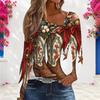Women Plus Size Asymmetric Cutout Neck Cold Shoulder Long Sleeve Christmas Cowboy Boot Print Top