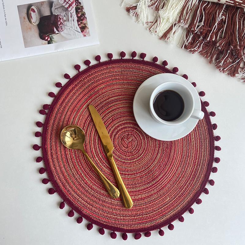 

1/4/6pcs Round Braided Placemats with Cute Pompom for Dining Tables Mat Pad Woven Heat Resistant Gift Table Mats Wedding Decor 38cm 1pc