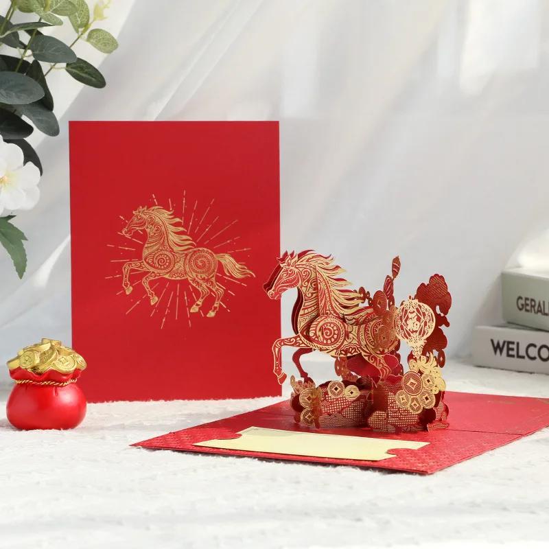 2026 Lunar New Year 3D Greeting Card with Golden Horse Design Includes Card and Envelope Symbolizing Good Fortune and Wealth