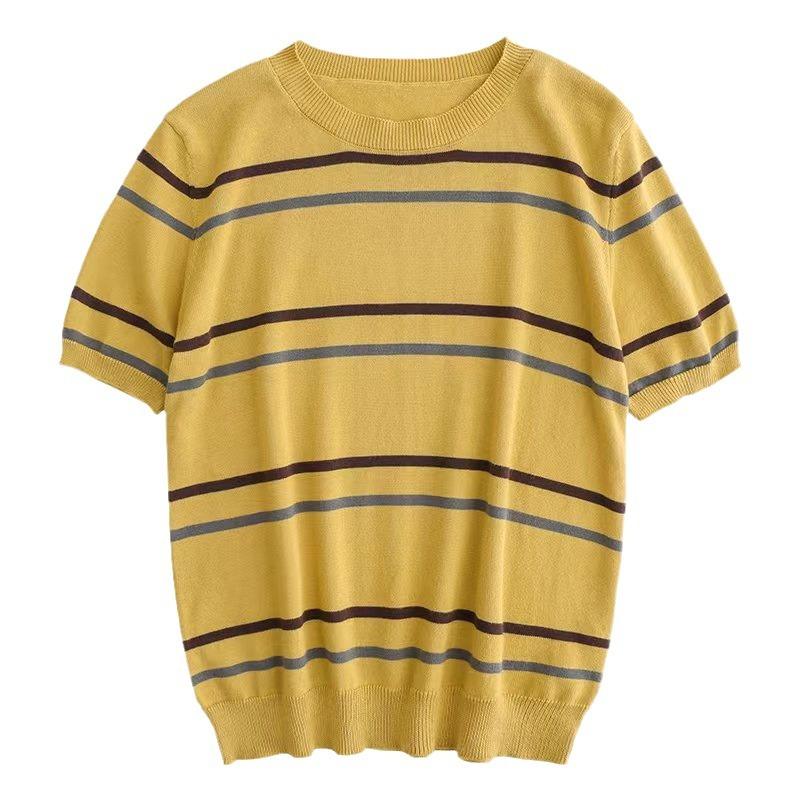 

Pure Cotton Striped Round Neck Knitted Short-sleeved Women s Summer Style Loose Slim Color-blocking Half-sleeved T-shirt Top S