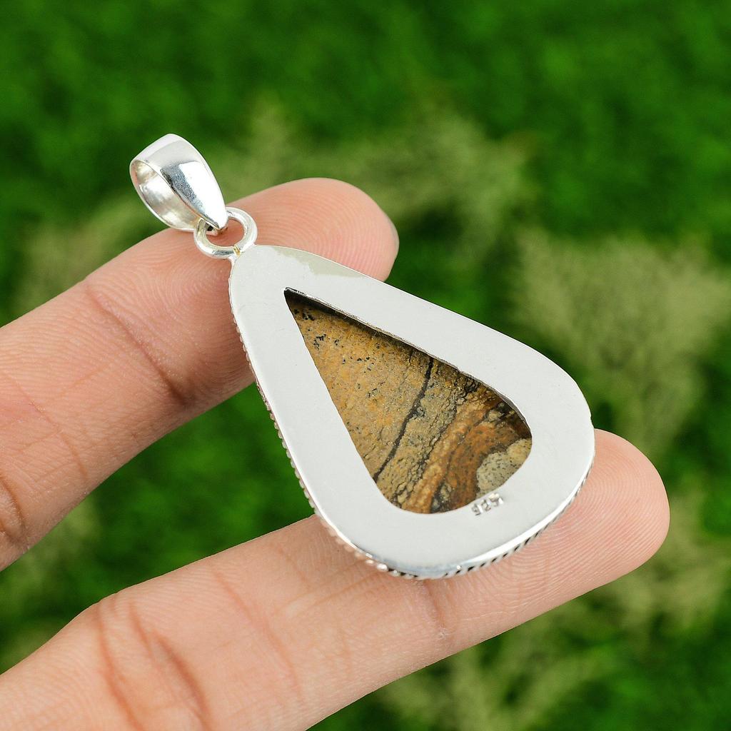 Daughters Day Sale Picture Jasper Gemstone 925 Sterling Silver Pendant Jewelry