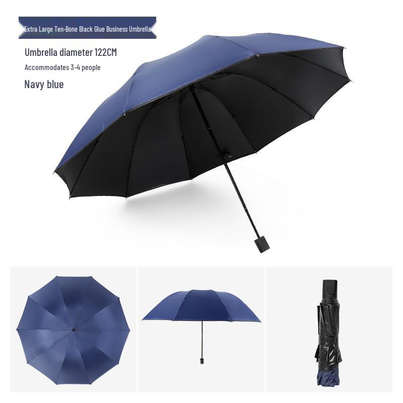 Black Reinforced Folding Umbrella, Sun & Rain Protection, Solid Color, Three-Fold, Fits 1-2 People, Ideal for Business Men & Women.