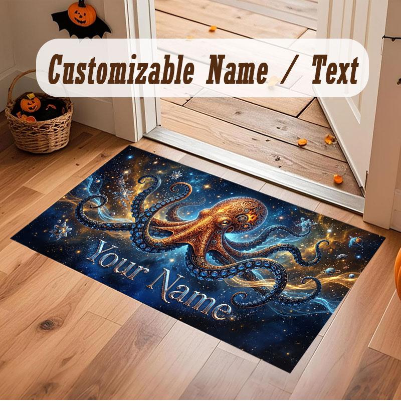 Octopus Sea Life Theme Crystal Velvet Floor Rug Personalized Custom Name Text Warm Carpet Home Decoration
