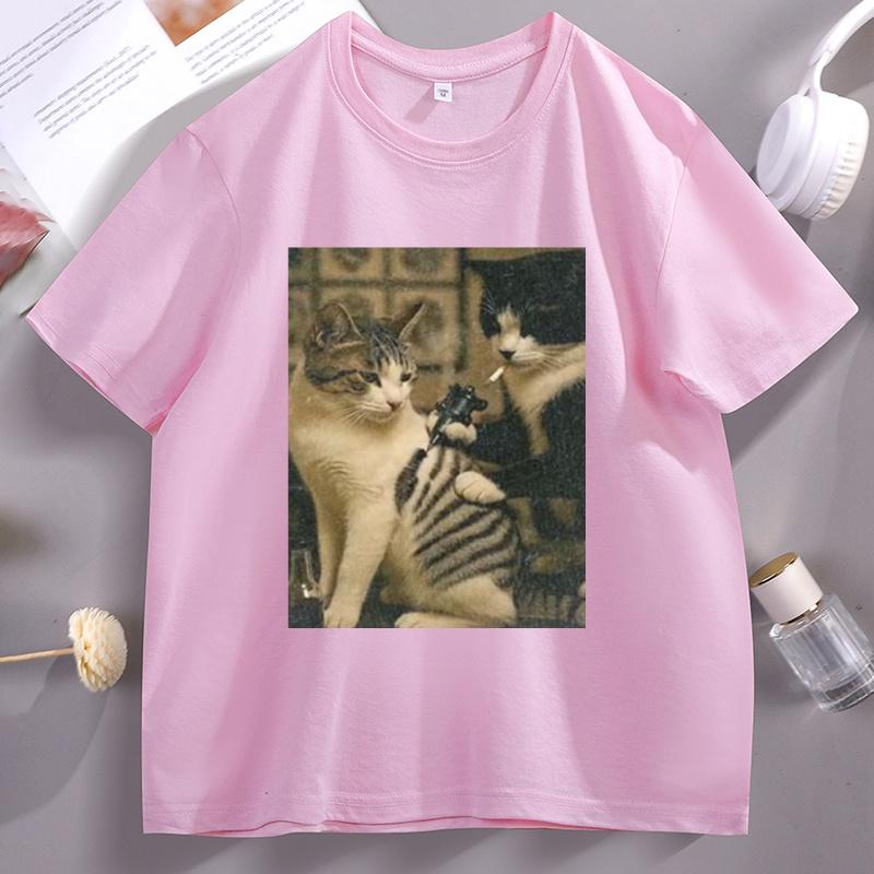 Tattoo Cat Meme T Shirt Casual Cotton Short Sleeve Graphic Tees Streetwear High Quality Casual Men's Clothes Y2k Streetwear
