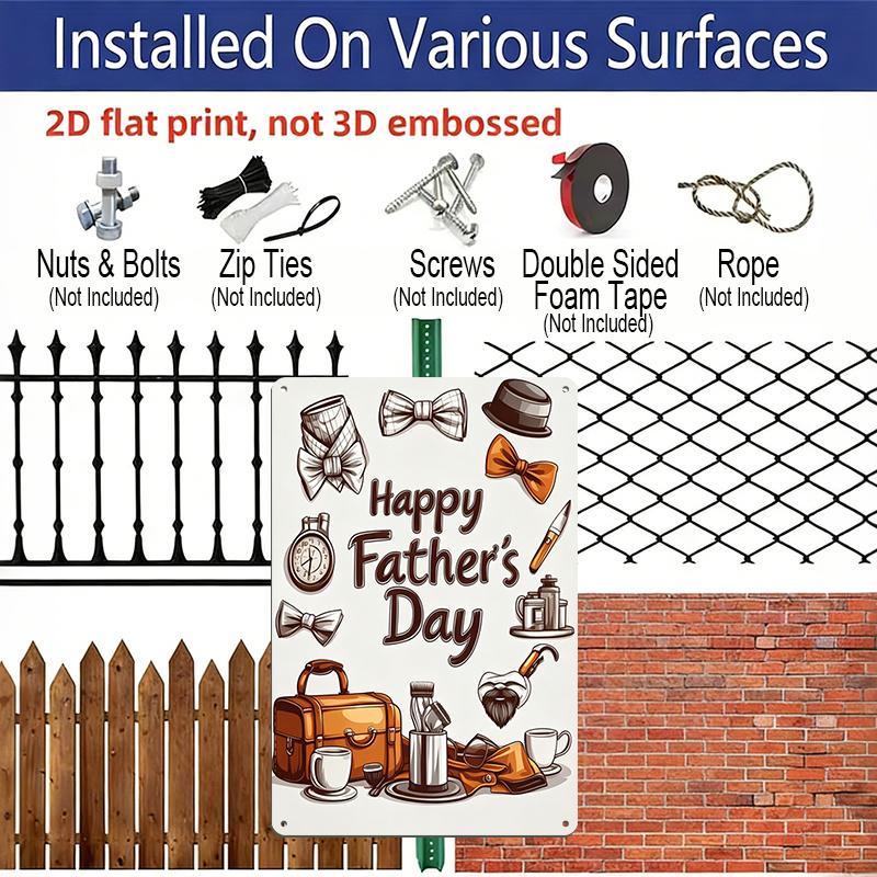 2D Flat, 1pc Gentleman's Accessories Father's Day Metal Wall Art Sign "Happy Father's Day" - 8*12 Inch Aluminium Home Decor, Retro Dapper Style Wall