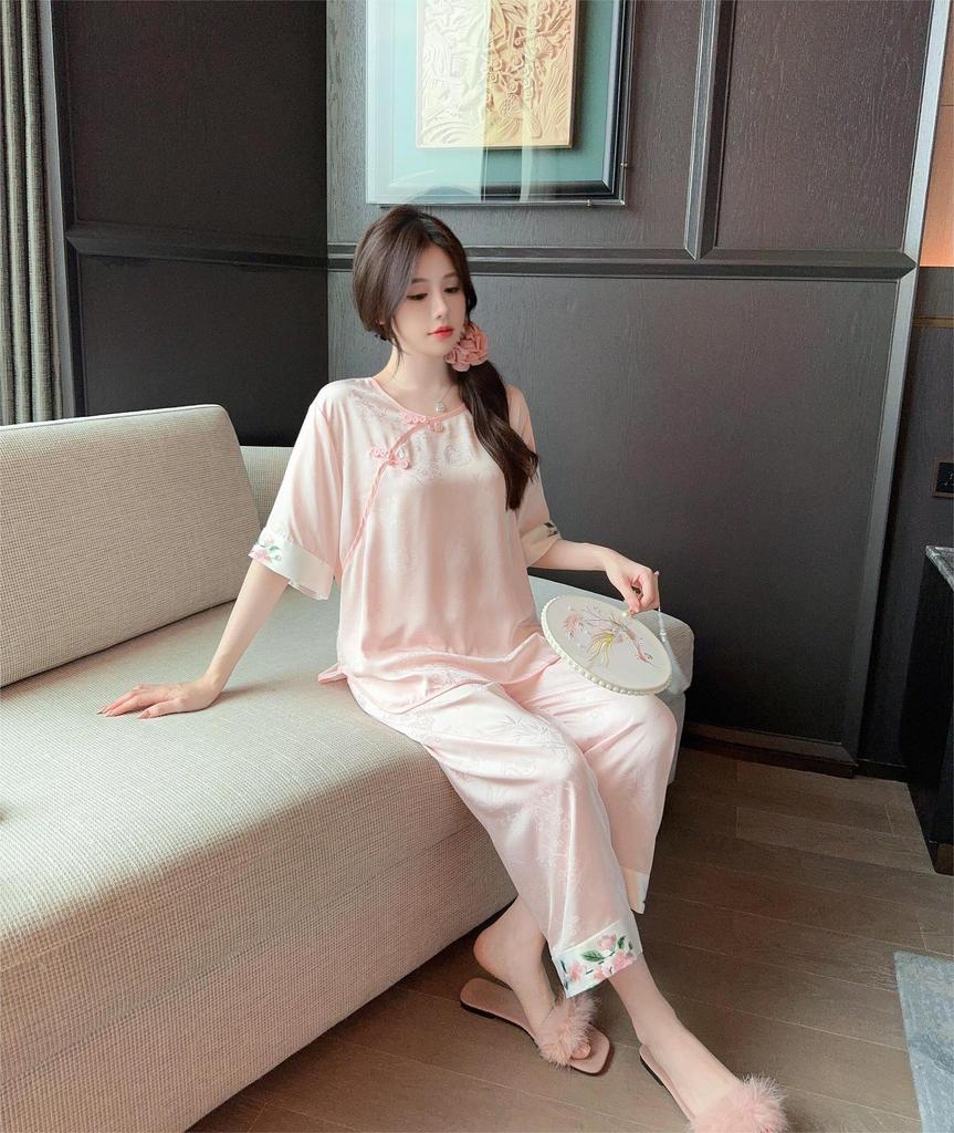 New ice silk pajamas women's summer Chinese antique rose suit loungewear imitation silk satin jacquard can be worn outside