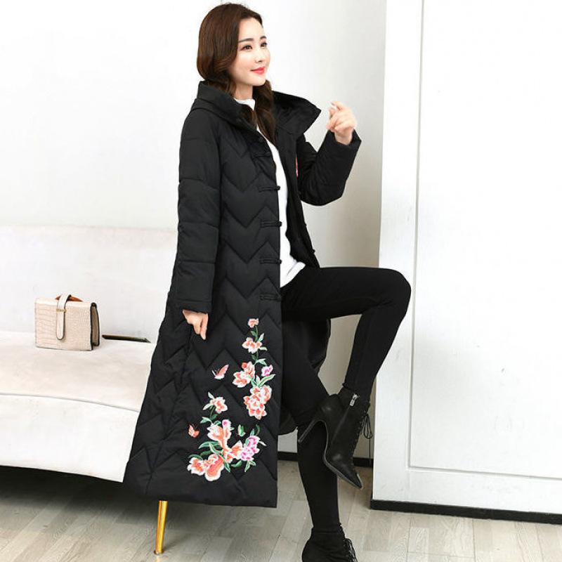 Mother's embroidered cotton-padded clothes with zipper Women's medium and long loose large size down cotton-padded clothes Winter cotton-padded