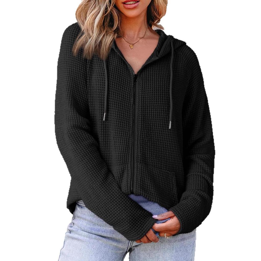 2025 Women's Waffle Knit Hooded Sweatshirt - Autumn/Winter Casual Long Sleeve with Drawstring