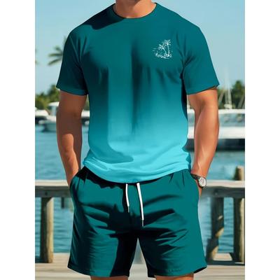 2-piece Men's Casual Loose Round-neck Short-sleeve T-shirt and Shorts Set, Men's Two-piece Casual Shorts Set, Men's Beach Outfit Set