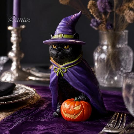 Black Cat Theme Party Supplies Halloween Witch On Pumpkin Resin Statue, Mysterious Gothic Tabletop Creative Sculpture for Holiday Figurine,