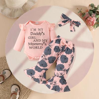 Baby Girl Knit Long Sleeve Romper & Floral Bell Pants with Headband - Autumn/Winter Set