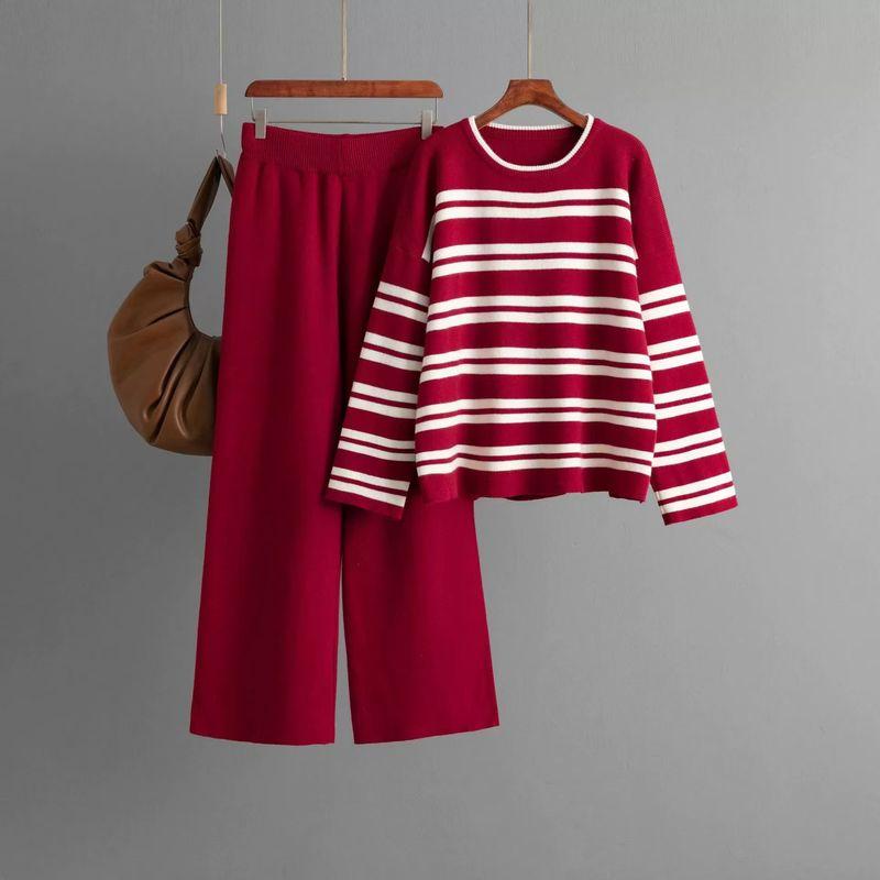 

Western Style Loose Knitted Stripes Sweater Trousers Set Striped Sweater and Pants Set Red One size