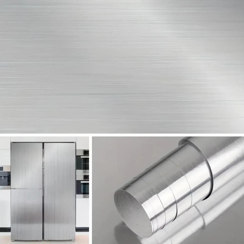Waterproof Wallpaper Decor Film Stainless Brushed Silver Adhesive Wallpaper Refrigerator