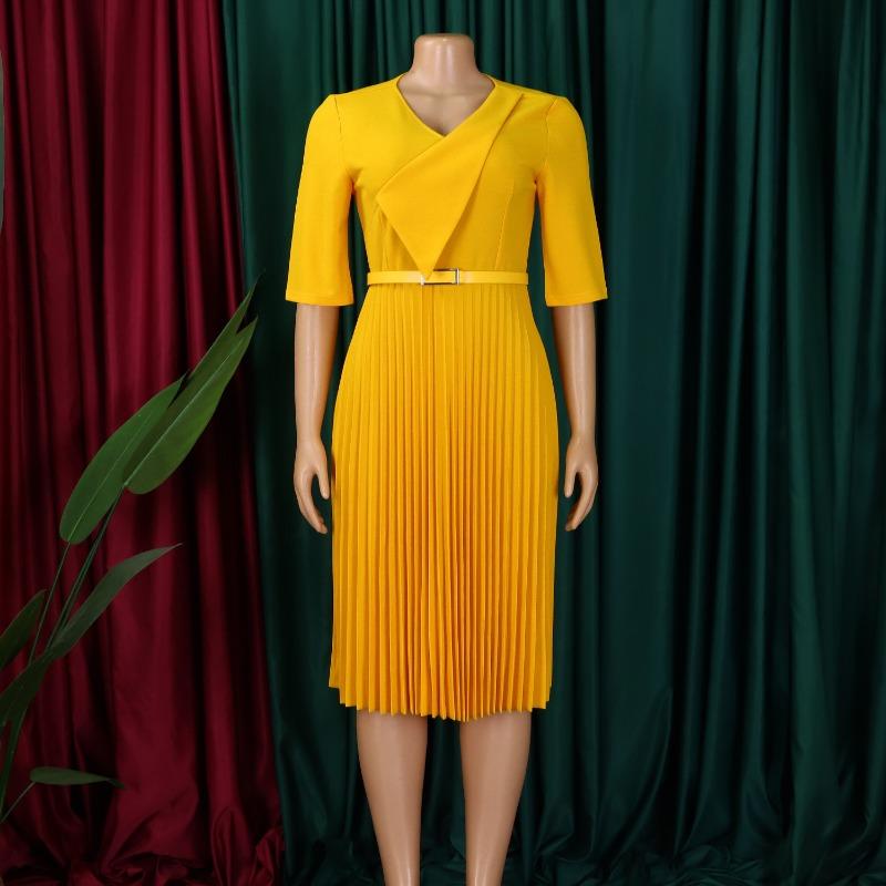 Women Plus Size V Neck Solid Color Short Sleeve High Waist Pleated A Line Dress