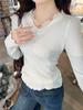 Fashion V Neck Lace Splice Knitted Bottoming Shirt Women's Elegant Casual New Slim Fitting Top Elegant Solid Color Sweet Long Sleeve Clothing