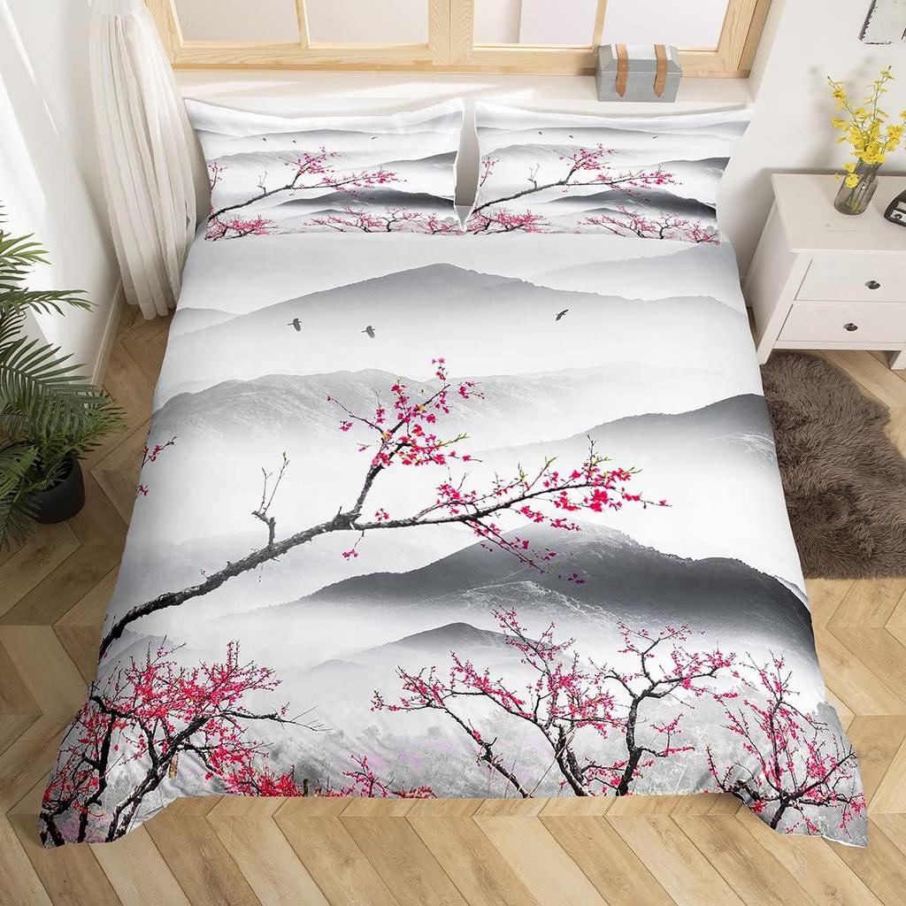 Cherry Blossoms Duvet Cover King for Women Ink Painting Black White Comforter Cover Romantic Theme Bedding Set with 2 Pillowcase